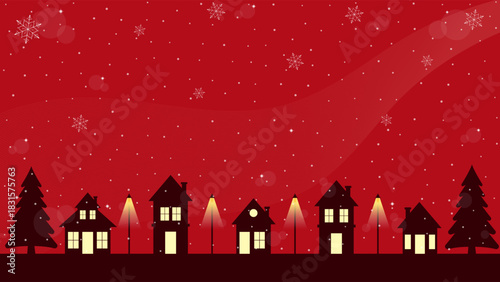 Red Background Village Silhouette Christmas Eve Atmosphere In Winter With Falling Snow