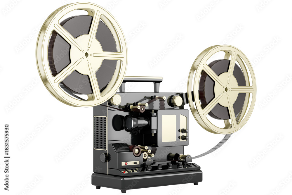 Obraz premium Retro cinema projector with movie reels, transparent background