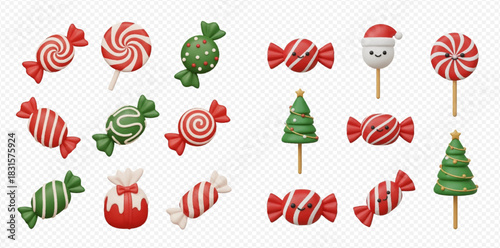 A collection of festive Christmas candies and lollipops in red, green, and white, featuring swirl designs, wrapped sweets, Santa, and Christmas tree shapes.