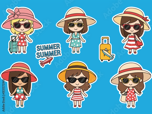 Cute kawaii traveler sticker set with suitcases, maps, cameras, and passports. Ideal for travel diaries, planning apps, and adventure-themed sticker collections