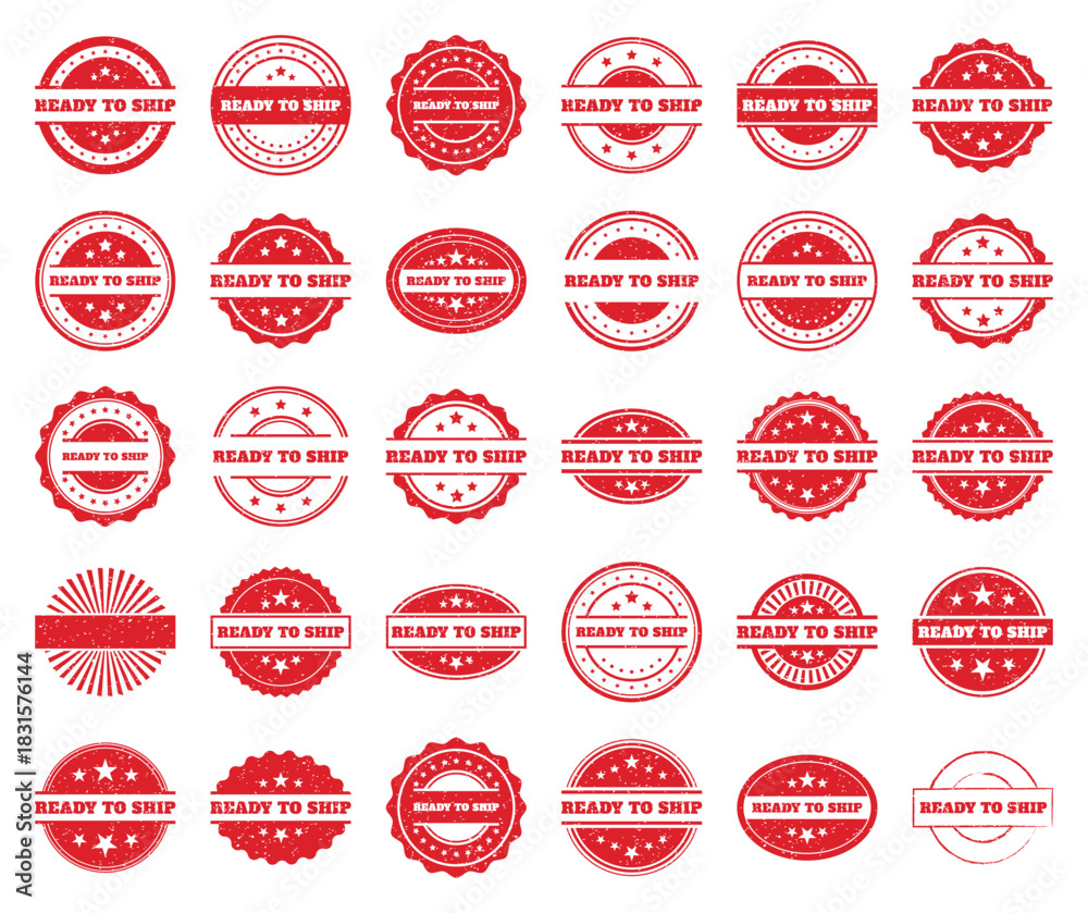 Obraz premium Ready to Ship. Collection of Red Grunge Stamps for Shipping and Delivery