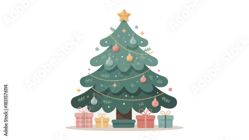 Festive Elegance: A beautifully adorned evergreen tree, adorned with shimmering ornaments and topped with a radiant star, stands in anticipation, surrounded by beautifully wrapped gifts.