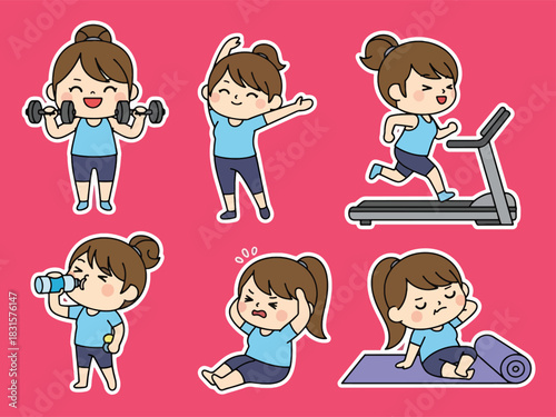 Fun kawaii fitness sticker set with dumbbells, stretching, yoga, and workout expressions. Great for exercise planners, health tracking, and cute sticker collections