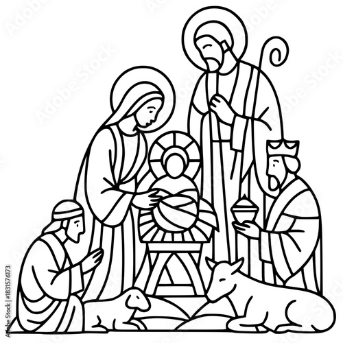 Simple, elegant line art vector illustration of the Nativity scene: Mary, Joseph, Baby Jesus, and the Magi, surrounded by animals