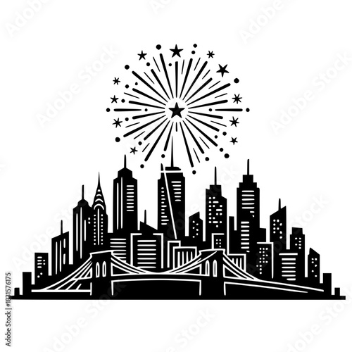 Black vector illustration of a major city skyline, including skyscrapers and a bridge, crowned by a festive starburst of fireworks. Ideal for New Year's Eve, celebrations, and urban themes.