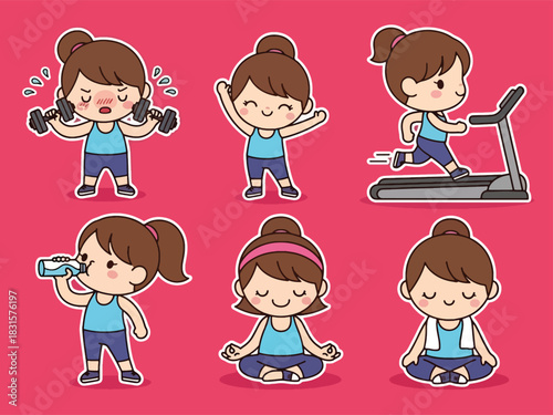 Fun kawaii fitness sticker set with dumbbells, stretching, yoga, and workout expressions. Great for exercise planners, health tracking, and cute sticker collections