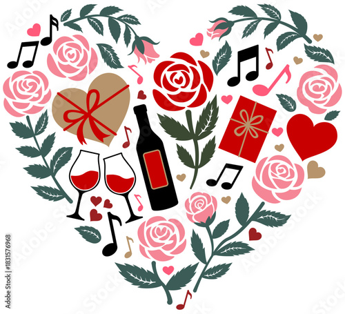 Heart Shape formed with Rose Flowers, Wine, Gift Boxes and Music Notes Symbols. Valentine's Day, Mother's Day, Love, Valentine Heart, Romantic Dinner, Wedding Graphic, Elements for wedding or greeting
