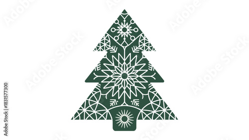 Festive Ornamentation: A stylized Christmas tree in striking green, adorned with intricate white snowflake patterns, epitomizes festive holiday cheer.