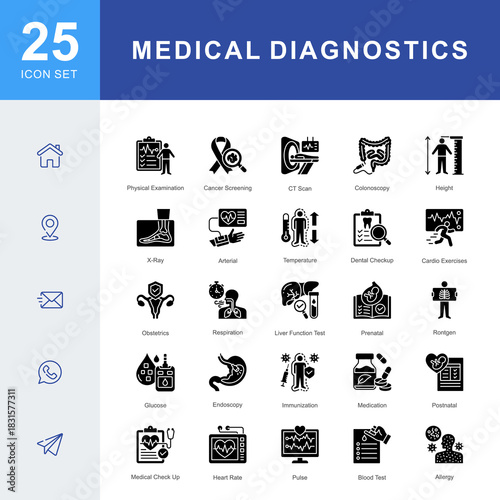 A medical diagnostics icon set featuring physical exams, cancer screening, CT scans, blood tests, x-ray imaging, immunization, endoscopy, prenatal care, and clinical evaluation procedures.