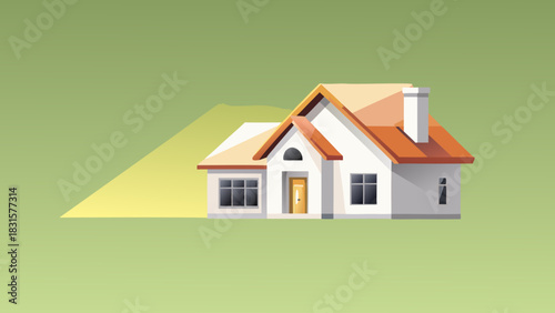 Illustration of a white house with an orange roof and chimney on a green background with a yellow light