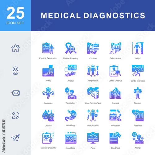 A medical diagnostics icon set featuring physical exams, cancer screening, CT scans, blood tests, x-ray imaging, immunization, endoscopy, prenatal care, and clinical evaluation procedures.