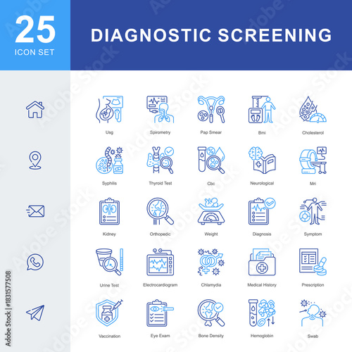 A Diagnostic Screening icon set featuring ultrasound, MRI, blood tests, pap smear, spirometry, urine test, vaccination, medical history, and clinical evaluations for accurate health assessment.