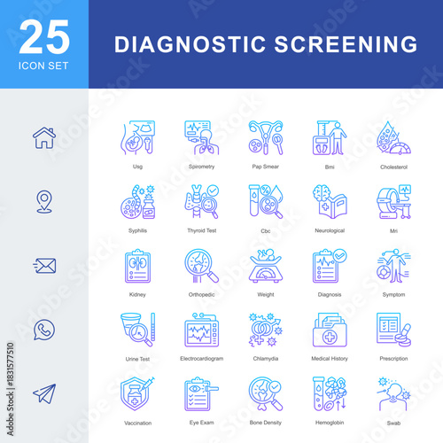 A Diagnostic Screening icon set featuring ultrasound, MRI, blood tests, pap smear, spirometry, urine test, vaccination, medical history, and clinical evaluations for accurate health assessment.