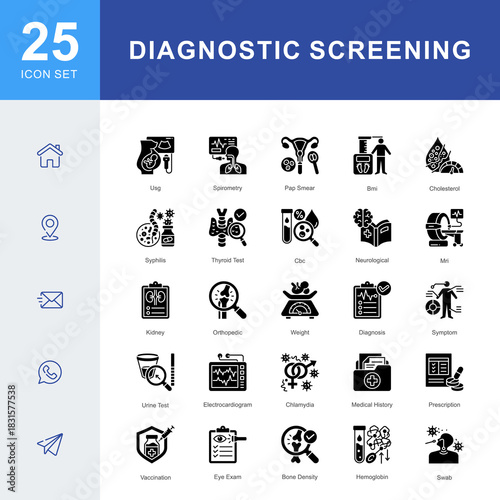 A Diagnostic Screening icon set featuring ultrasound, MRI, blood tests, pap smear, spirometry, urine test, vaccination, medical history, and clinical evaluations for accurate health assessment.