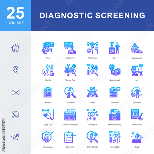A Diagnostic Screening icon set featuring ultrasound, MRI, blood tests, pap smear, spirometry, urine test, vaccination, medical history, and clinical evaluations for accurate health assessment.
