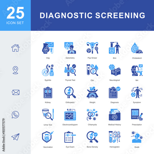 A Diagnostic Screening icon set featuring ultrasound, MRI, blood tests, pap smear, spirometry, urine test, vaccination, medical history, and clinical evaluations for accurate health assessment.