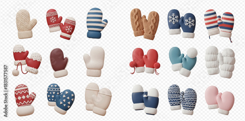A collection of various colorful and cozy winter mittens and gloves in a 3D style, perfect for cold weather.