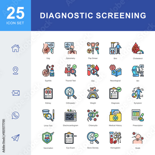 A Diagnostic Screening icon set featuring ultrasound, MRI, blood tests, pap smear, spirometry, urine test, vaccination, medical history, and clinical evaluations for accurate health assessment.