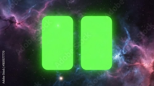 Pause the cosmos with a glowing green screen overlay for video editing, ideal for captivating space documentaries and innovative digital art projects