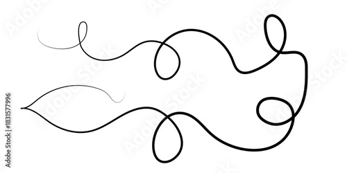 Abstract black and white wavy lines with decorative curls and loops on a clean background.