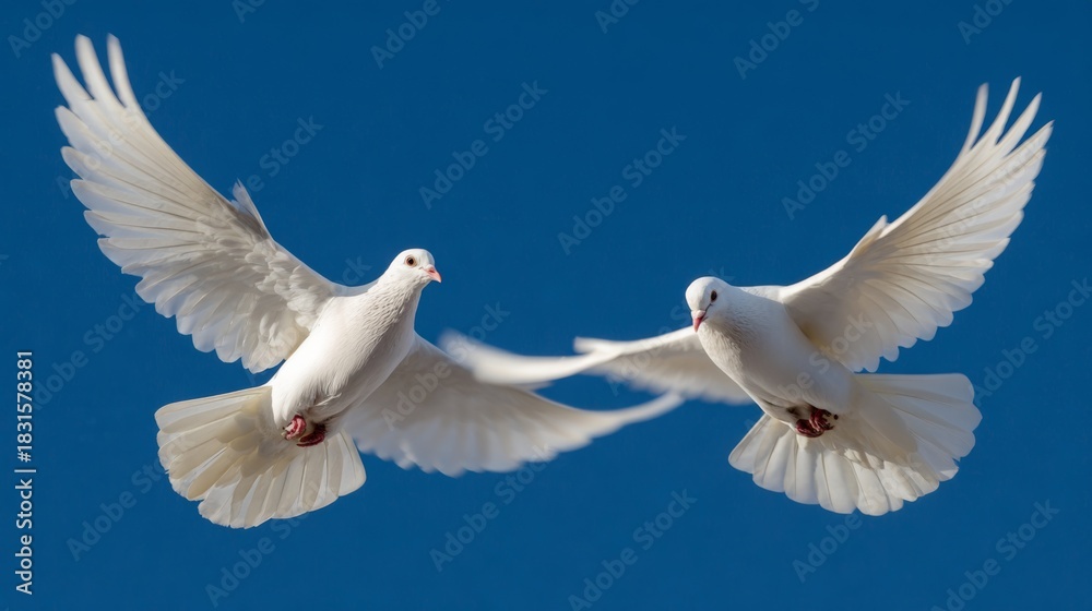 Fototapeta premium Two White Doves in Flight Against a Clear Blue Sky, Symbolizing Peace, Freedom, and Hope in Nature's Beautiful Setting