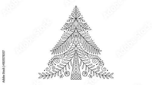 Decorative Tree Illustration: An intricately designed illustration of a Christmas tree, decorated with delicate floral and ornamental patterns, creating a sense of elegance and seasonal charm.