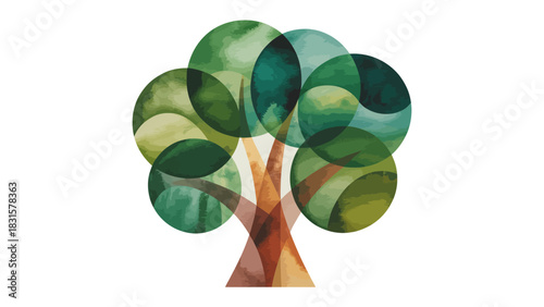 Abstract Watercolor Tree: An artistic representation of a tree, created with overlapping watercolor circles in varying shades of green, showcasing nature's beauty and the harmony of the environment.