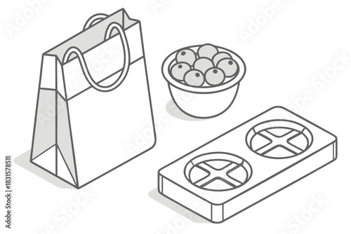 Grocery shopping illustration with a paper bag, fruit and a tray