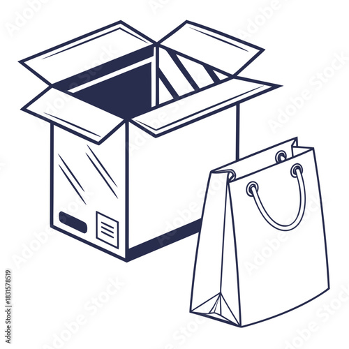 Opened carton box with a shopping bag in simple line art style