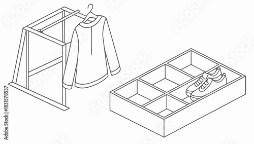 Clothing organization and storage solutions in perspective drawing