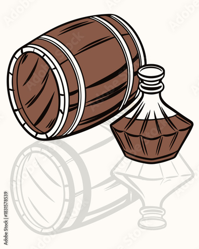 Wine barrel and decanter with reflections, illustration