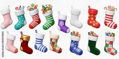 A vibrant collection of 3D rendered Christmas stockings in various colors and patterns, some filled with festive gifts and candies, set against a transparent background.