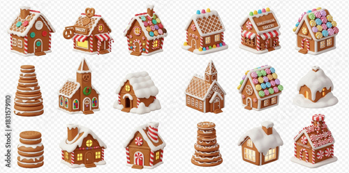 Collection of various festive gingerbread houses and cookie structures decorated with icing and candies for Christmas.