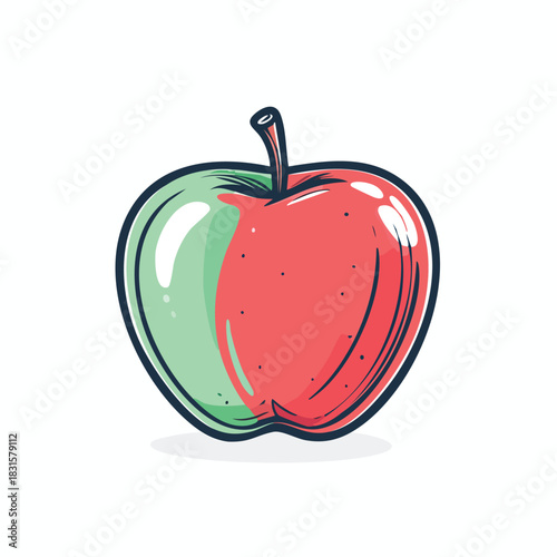 Half Green Half Red Apple Illustration with Stem and Outline.