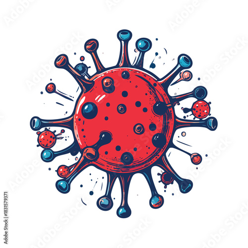Stylized Illustration of a Red Coronavirus Particle with Blue Accents.
