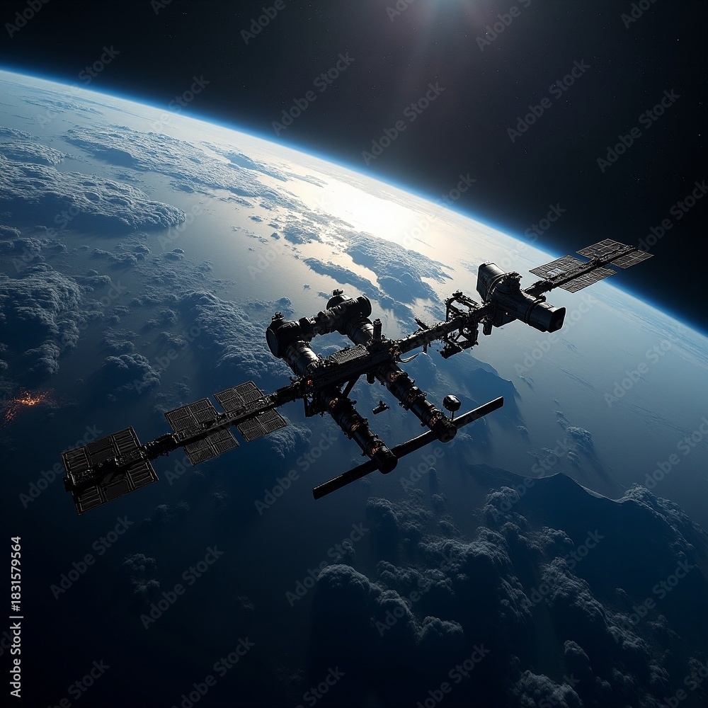 Naklejka premium Satellite station orbits Earth in stunning view from space Generative AI