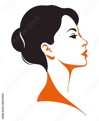 simple woman head shape from side with orange neck ear and chin and black hair and eyes vector illustration on white background