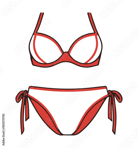 red bra isolated on white background, simple red swimming suit set of woman vector shape illustration
