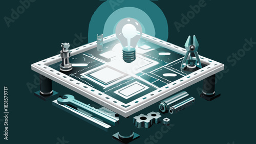 Isometric view of a workbench with tools, lightbulb, and circuit board design on a dark background
