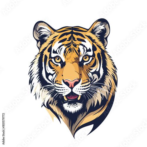 Striking Tiger Head Illustration with Detailed Stripes and Intense Gaze.
