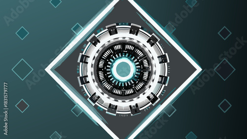 Abstract teal and white circular technology design with square frame and floating squares around it