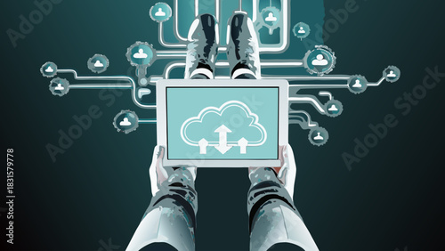 Person holding a tablet displaying a cloud with arrows and network of user icons around it shown