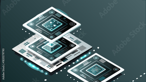Isometric illustration of stacked square platforms with glowing center and corner details design art