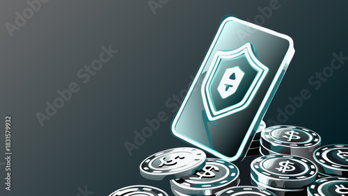 Shiny card with a shield and ace symbol resting on a pile of casino chips on a dark background