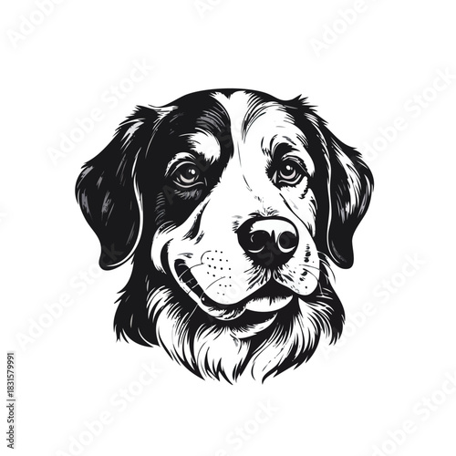 Black and white vector illustration of a smiling dog head.