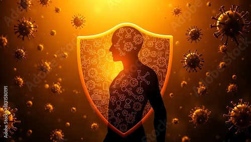 Golden shield of vaccine molecules protecting a human silhouette from dark, swirling pathogens.