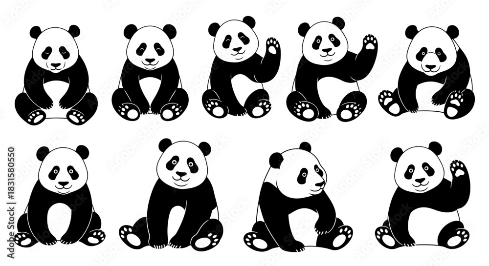 Obraz premium Cartoon giant panda bears in various sitting poses, vector set