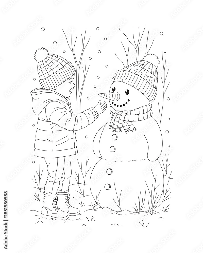 Fototapeta premium Kids Decorating Snowman Winter Coloring Page