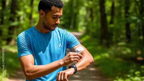 Fit male runner checking glucose monitor sensor on arm via smartwatch, active lifestyle diabetes.