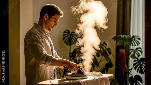 Man ironing shirt with steam in sunlit apartment, mindful domesticity and housekeeping.
